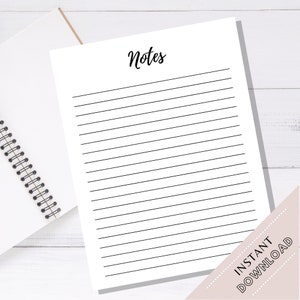 May include: A printable lined sheet of paper with the word "Notes" at the top. The sheet is designed for taking notes or making lists.