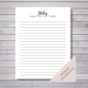 May include: Printable lined paper with the word "Notes" at the top and a decorative floral design. The paper is white with black lines and is ready for instant download.