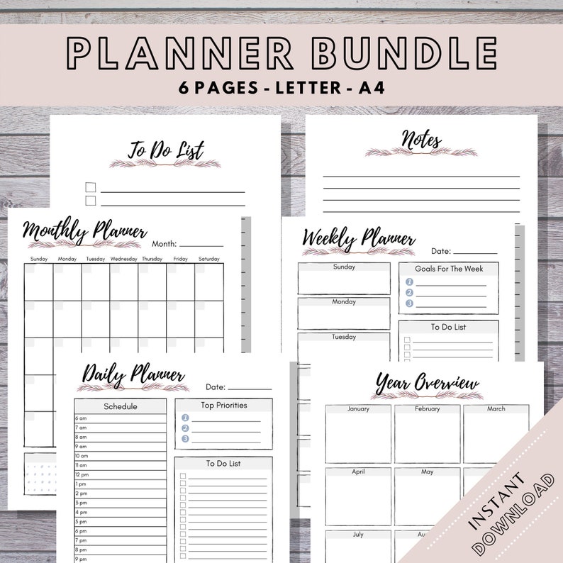 May include: A printable planner bundle with six pages in letter size. The pages include a to-do list, monthly planner, weekly planner, daily planner, and year overview. The pages are decorated with a simple floral design.