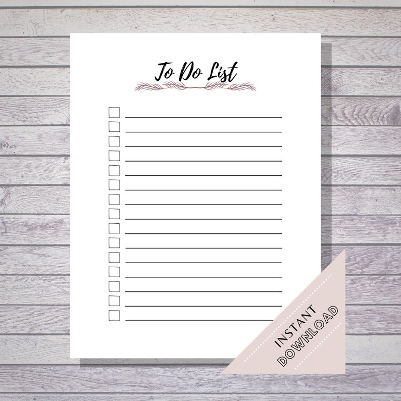 May include: A printable to-do list with a simple design. The list has a title "To Do List" with a decorative arrow and leaves. There are 20 blank lines with checkboxes for writing down tasks.