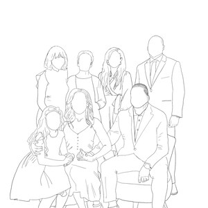 Op de afbeelding: Een zwart-witte lijntekening van een familieportret. De familie staat en zit in een groep, met de volwassenen achterin en de kinderen vooraan. De familie is gekleed in casual kleding.