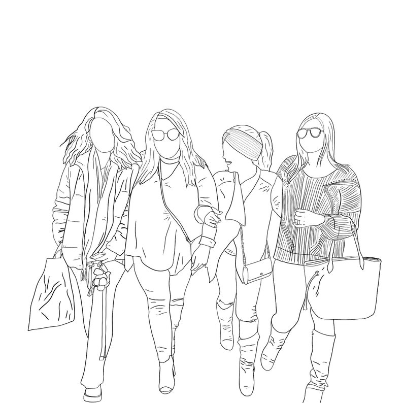 Op de afbeelding: Vier vriendinnen lopen samen, gekleed in winterkleding, waaronder jassen, truien en hoeden. Ze dragen tassen en handtassen.