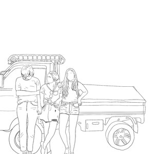 Op de afbeelding: Lijntekening van vier mensen die voor een pick-up truck staan. De truck heeft een dakrek en een laadbak. De mensen lachen allemaal en lijken vrienden te zijn.