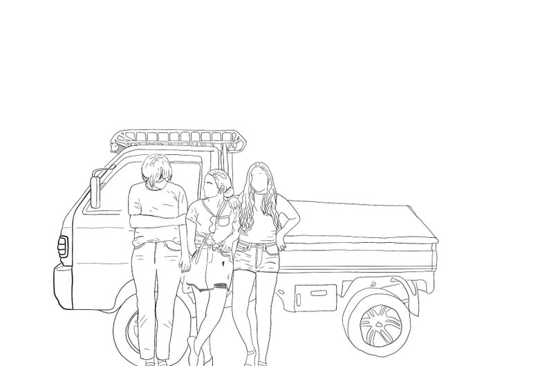Op de afbeelding: Lijntekening van vier mensen die voor een pick-up truck staan. De truck heeft een dakrek en een laadbak. De mensen lachen allemaal en lijken vrienden te zijn.