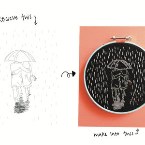 Op de afbeelding: Een geborduurd borduurwerk met een stel onder een paraplu in de regen. Het ontwerp is gestikt op zwarte stof met wit en grijs garen, met een kleine rode bloem. De tekst "make into this" staat eronder.
