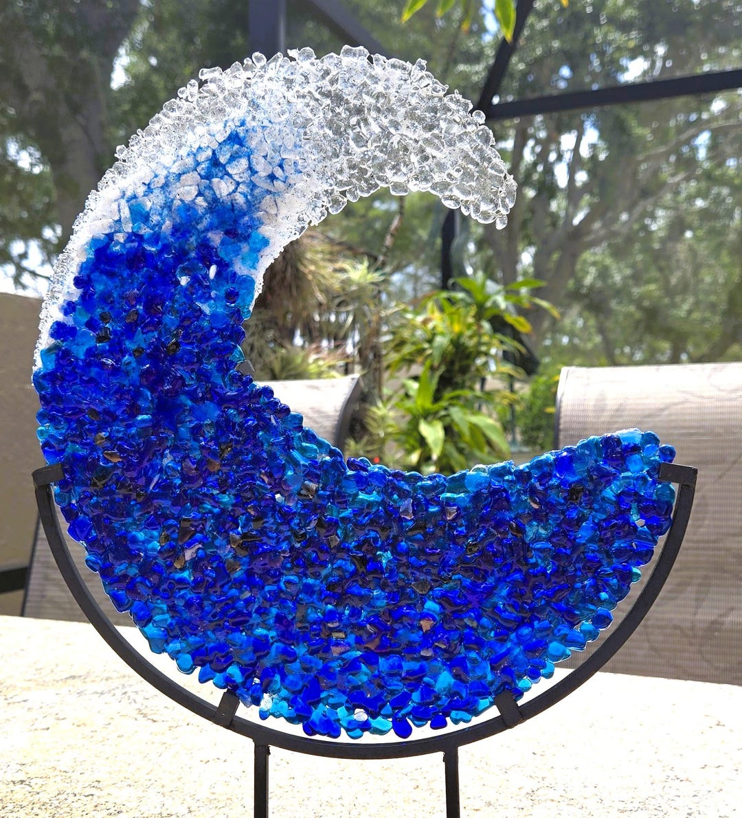 Blue Ocean Wave Glass Art | Free Form in Stand, Handmade Beach Decor - Etsy