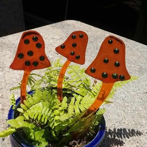 Brilliant Orange Transparent Fused Glass Mushroom Plant Stakes | Garden Art | Garden Stakes | Hand Crafted Art