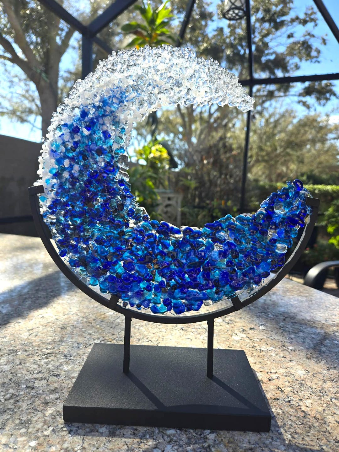 Blue Ocean Wave Glass Art | Free Form in Stand, Handmade Beach Decor - Etsy