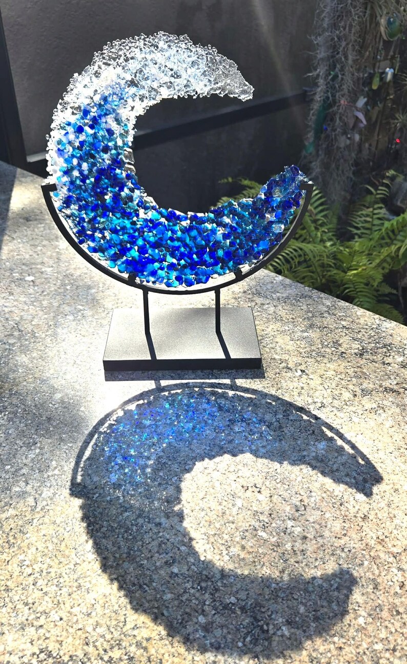Blue Ocean Wave Glass Art | Free Form in Stand, Handmade Beach Decor - Etsy