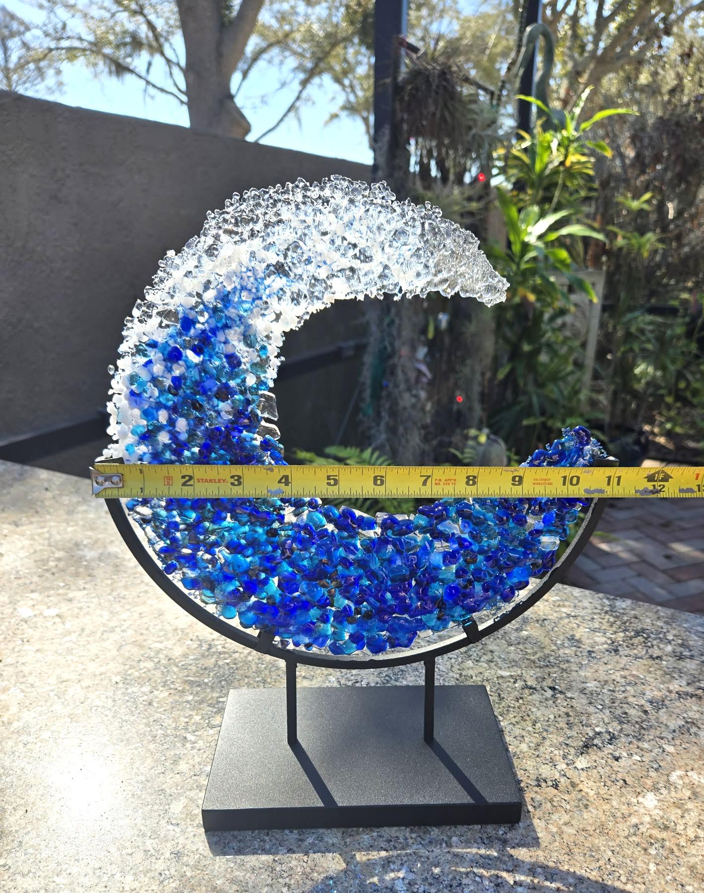 Blue Ocean Wave Glass Art | Free Form in Stand, Handmade Beach Decor - Etsy