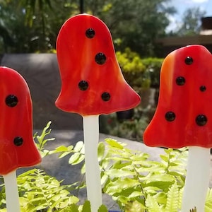 Red and White Fused Glass Mushrooms with Black Dots | Mushroom Plant Stakes | Garden Art  | Hand Crafted Art  | Whimsical Garden Decoration