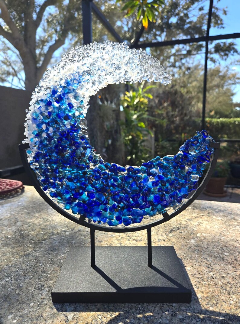 Blue Ocean Wave Glass Art | Free Form in Stand, Handmade Beach Decor - Etsy