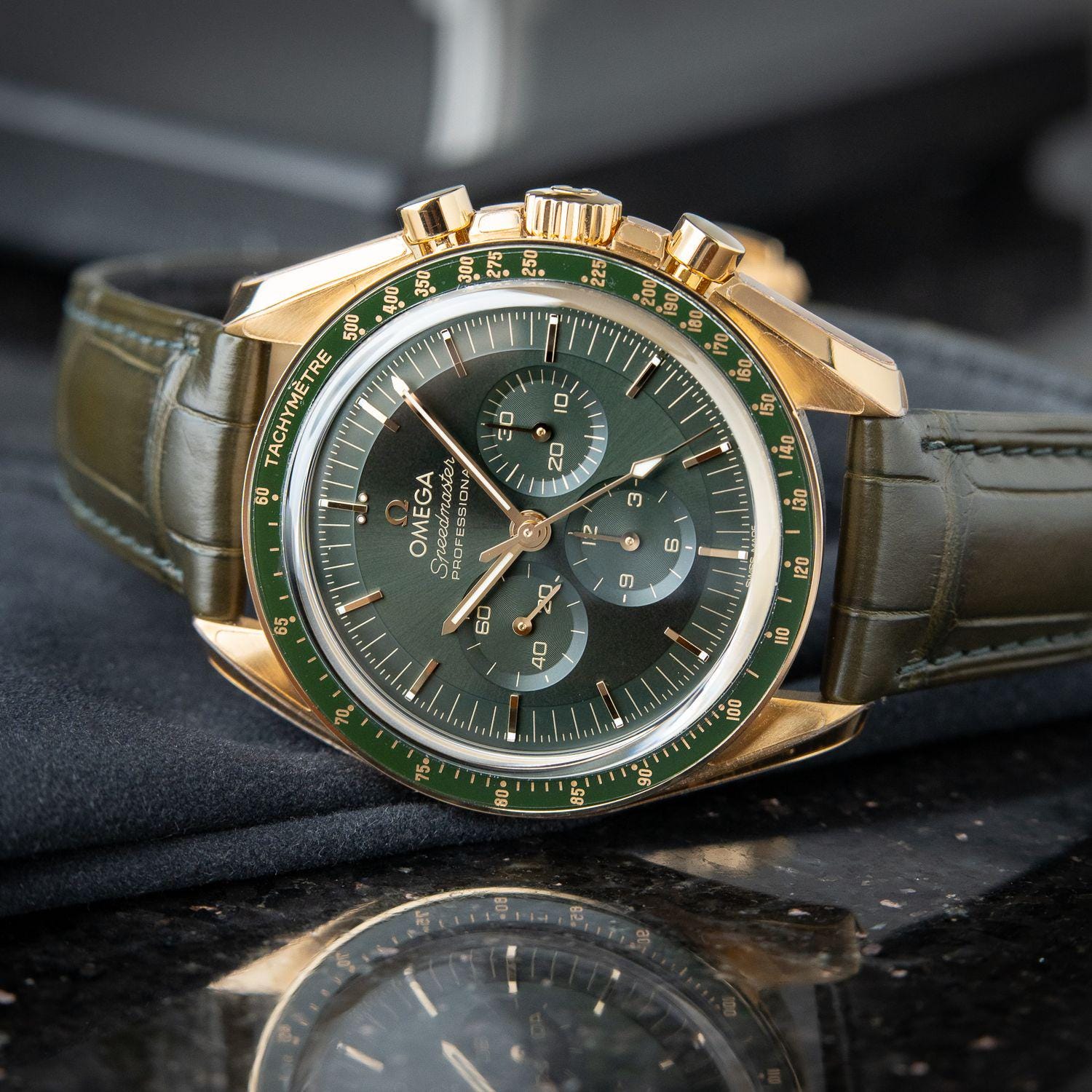 Omega Speedmaster Professional Moonwatch Moonshine Chronograph Gold Green Leather 42mm Etsy Canada
