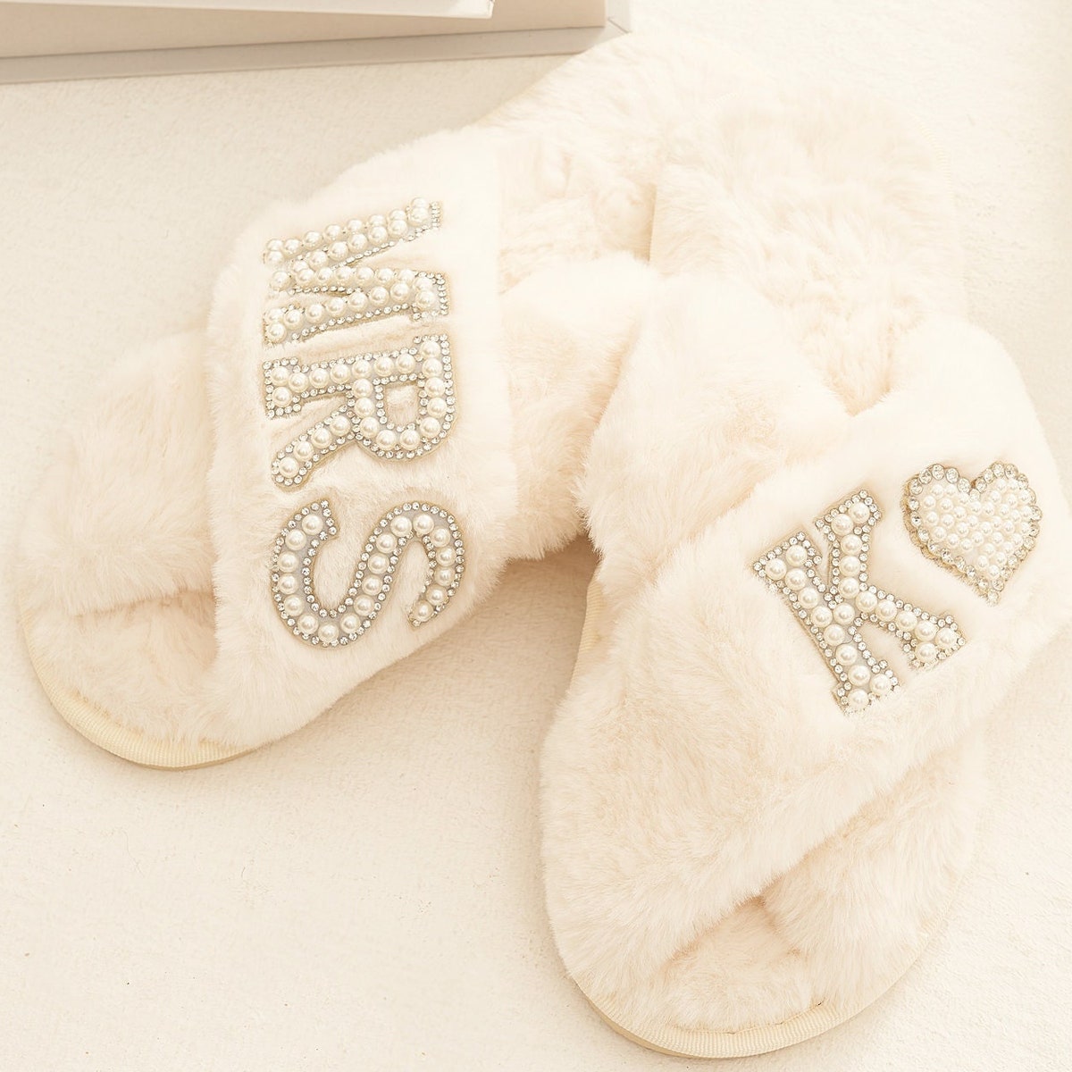 Bridal Mrs Wedding slippers, Custom Mrs Fluffy Slippers with pearls letters, Bridal Shower Gifts, Gifts For Her, Bridal Slippers, Slippers