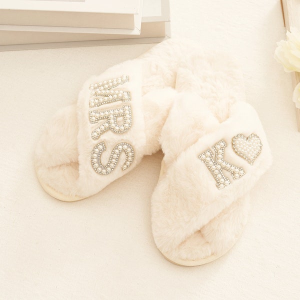 Bridal Mrs Wedding slippers, Custom Mrs Fluffy Slippers with pearls letters, Bridal Shower Gifts, Gifts For Her, Bridal Slippers, Slippers