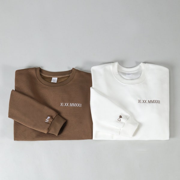 Pull avec date personnalisé, chiffre romain date date initiale coeur brodée, sweat-shirt de mariage, sweat-shirt personnalisé pour couple avec date d'anniversaire