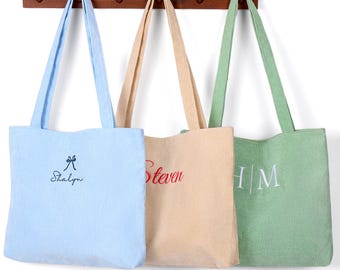 Bolso tote de pana bordado, bolso de hombro con monograma personalizado para mujer, regalo personalizado para damas de honor y despedidas de soltera, regalo de Navidad para ella.