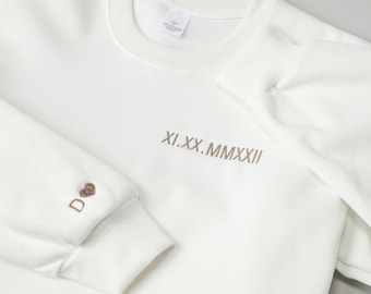 Custom Embroidered Roman Numeral Sweatshirt, Couples Gift, Personalized Date and Initial Hoodie, Engagements, Anniversaries, Bachelorette's