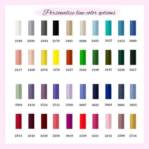 Puede incluir: Una tabla de 40 colores diferentes de hilo de bordar con sus n&uacute;meros DMC correspondientes. Los colores est&aacute;n dispuestos en filas y columnas, y cada color est&aacute; etiquetado con su n&uacute;mero.