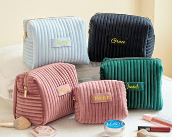 Bolsa de cosméticos de terciopelo personalizada, bolsa de maquillaje de gran capacidad, regalo para dama de honor, bolsa de maquillaje para novia, bolsa de maquillaje para ella, regalo personalizado para la fiesta nupcial