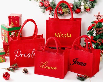 Personalized Red Burlap Bag, Custom Name Jute Bag, Bachelorette Party, Wedding Favors, Gift for Her, Bridesmaid Gifts Bag,Christmas Gift