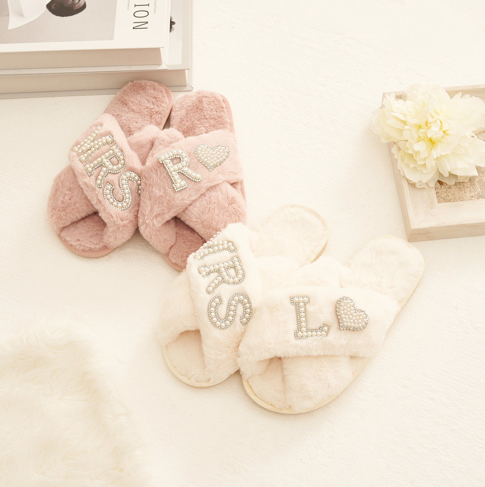 Bridal Mrs Wedding slippers, Custom Mrs Fluffy Slippers with pearls letters, Bridal Shower Gifts, Gifts For Her, Bridal Slippers, Slippers