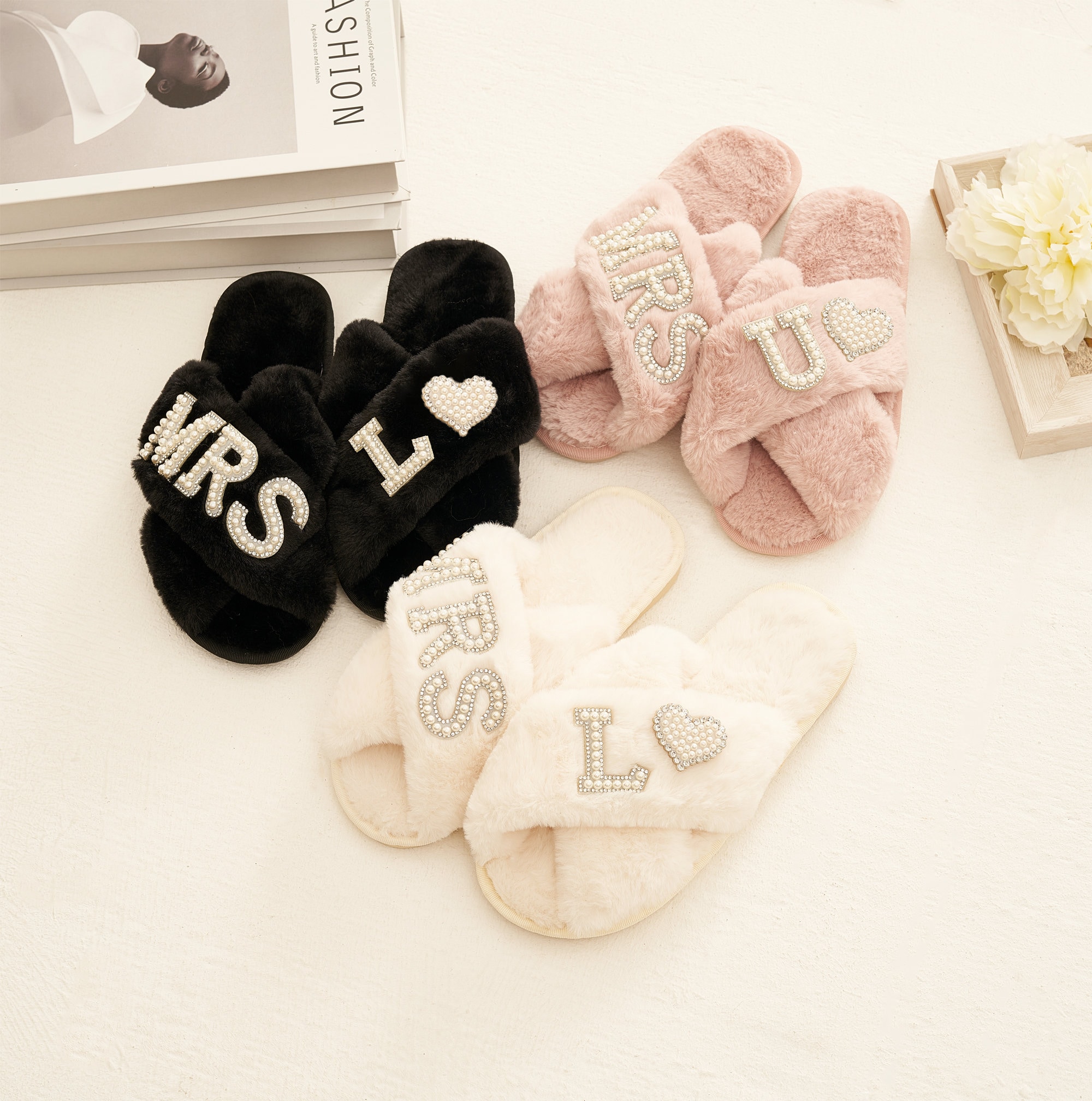 Bridal Mrs Wedding slippers, Custom Mrs Fluffy Slippers with pearls letters, Bridal Shower Gifts, Gifts For Her, Bridal Slippers, Slippers