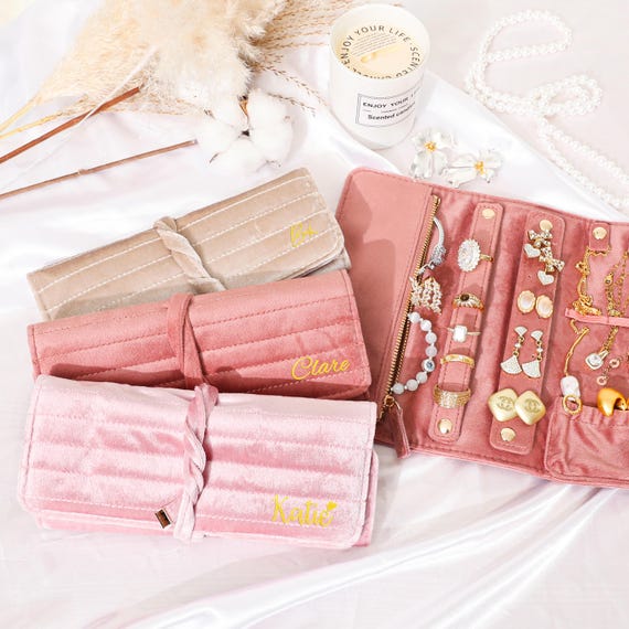 Personalized Velvet Jewelry Roll, Monogram Travel Jewelry Organizer, Bridesmaid Proposal Gift, Wedding Favor, Mother's Day Gift For Her - UK