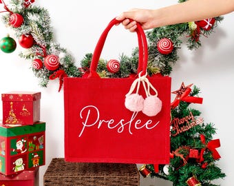 Personalized Christmas Burlap Tote Bag, Christmas Gift Bag, Monogram Beach Tote Bag, Wedding Favors, Gift for Her, Bridesmaid Gifts Bag