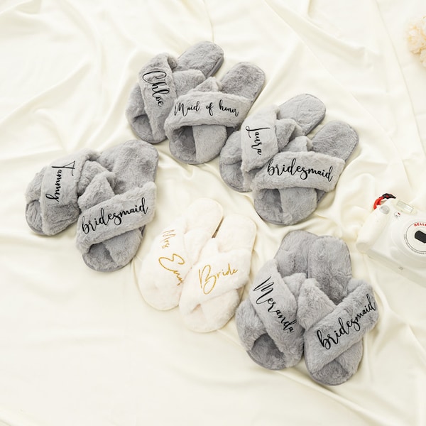 Custom Fluffy Slippers, Fluffy Cross slippers, Custom Bride Slippers, Bride to Be Gift, Bridesmaid Gift, Bachelorette Party, Fluffy Slippers