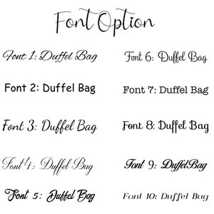 Puede incluir: Diez opciones de fuente diferentes para el texto "Duffel Bag" que se muestra en negro sobre un fondo blanco.
