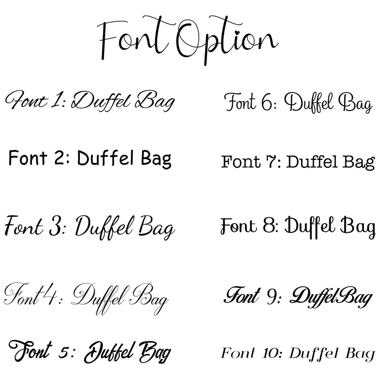 Puede incluir: Diez opciones de fuente diferentes para el texto "Duffel Bag" que se muestra en negro sobre un fondo blanco.