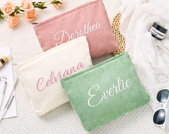 Custom Embroidered Corduroy Makeup Bag, Quilted Cosmetic Zipper Pouch, Personalized Bridesmaid Gift, Wedding Party Favor