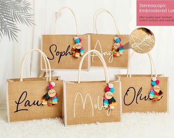 Personalized Bridesmaid Gift Bag,Custom Handmade Name Jute Beach Bag,BeachTote Bag,Embroidered Burlap Bag,Mothers Day Gifts,Bridesmaid Gift