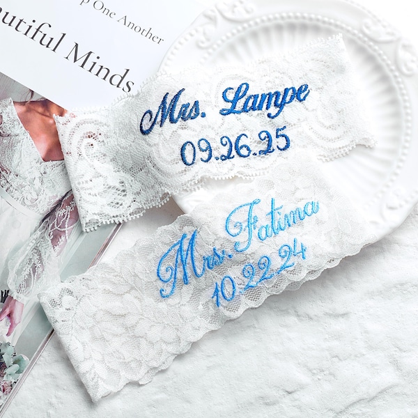 Ligas de boda de encaje blanco personalizadas, liga de novia de encaje bordado con monograma, liga de boda, regalos de despedida de soltera, ligas para novia