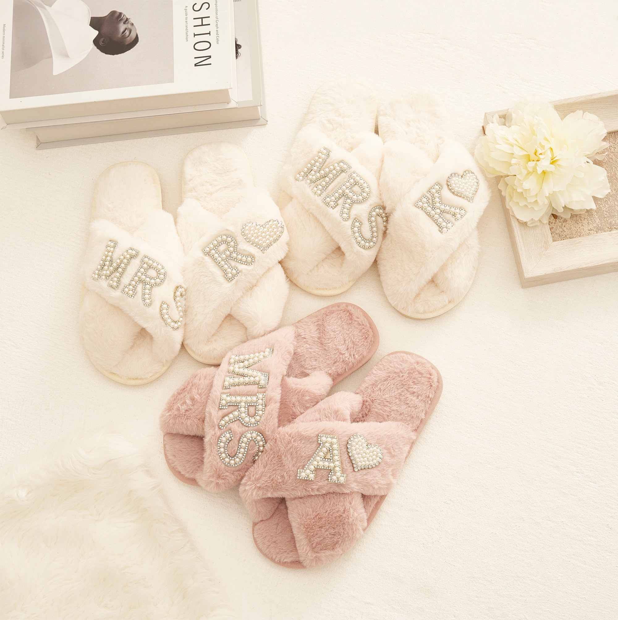 Bridal Mrs Wedding slippers, Custom Mrs Fluffy Slippers with pearls letters, Bridal Shower Gifts, Gifts For Her, Bridal Slippers, Slippers