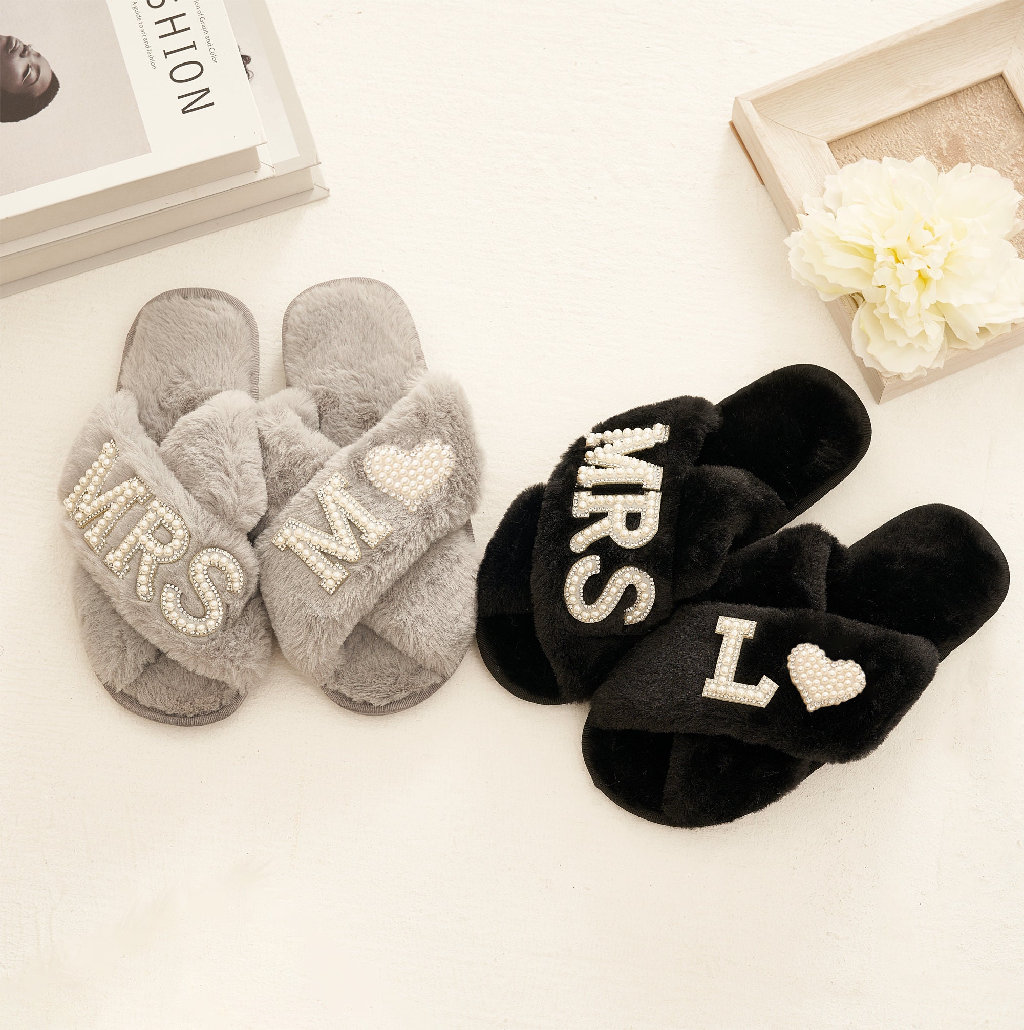 Bridal Mrs Wedding slippers, Custom Mrs Fluffy Slippers with pearls letters, Bridal Shower Gifts, Gifts For Her, Bridal Slippers, Slippers