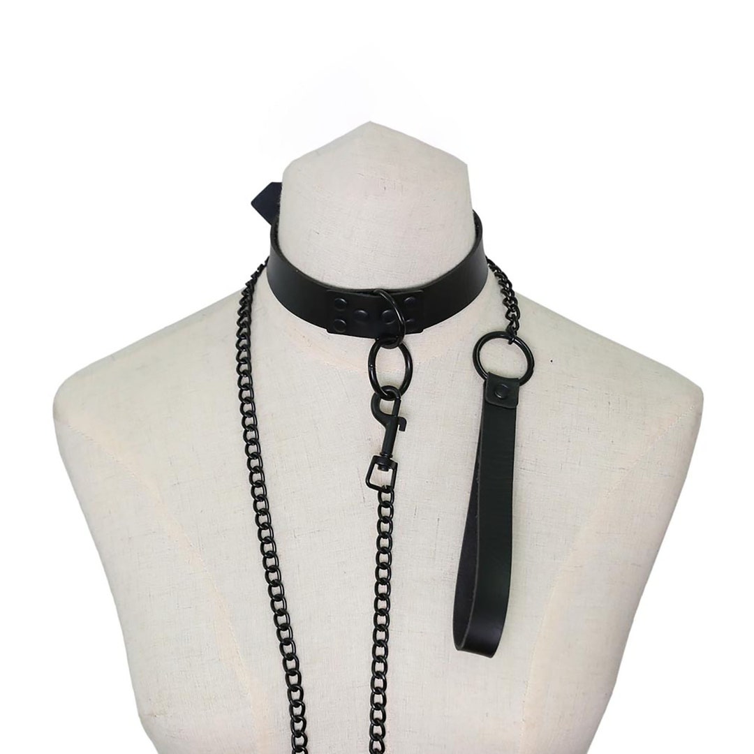 Leather Collar With Chain Black Leather Collar and Leash Set Etsy