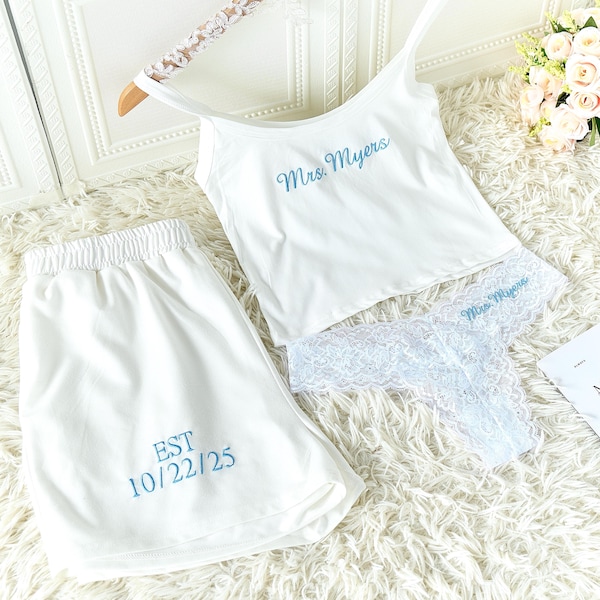 Pijama de señora con detalles bordados para la novia, atuendo para despedida de soltera y regalo de compromiso, pijama de novia, pijama de señora, atuendo para despedida de soltera