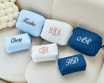 Pochette cosmetica personalizzata a nido d'ape, trousse per il trucco con monogramma ricamato su misura, trousse con nome, regalo per lei, borsa per il trucco, regalo di nozze