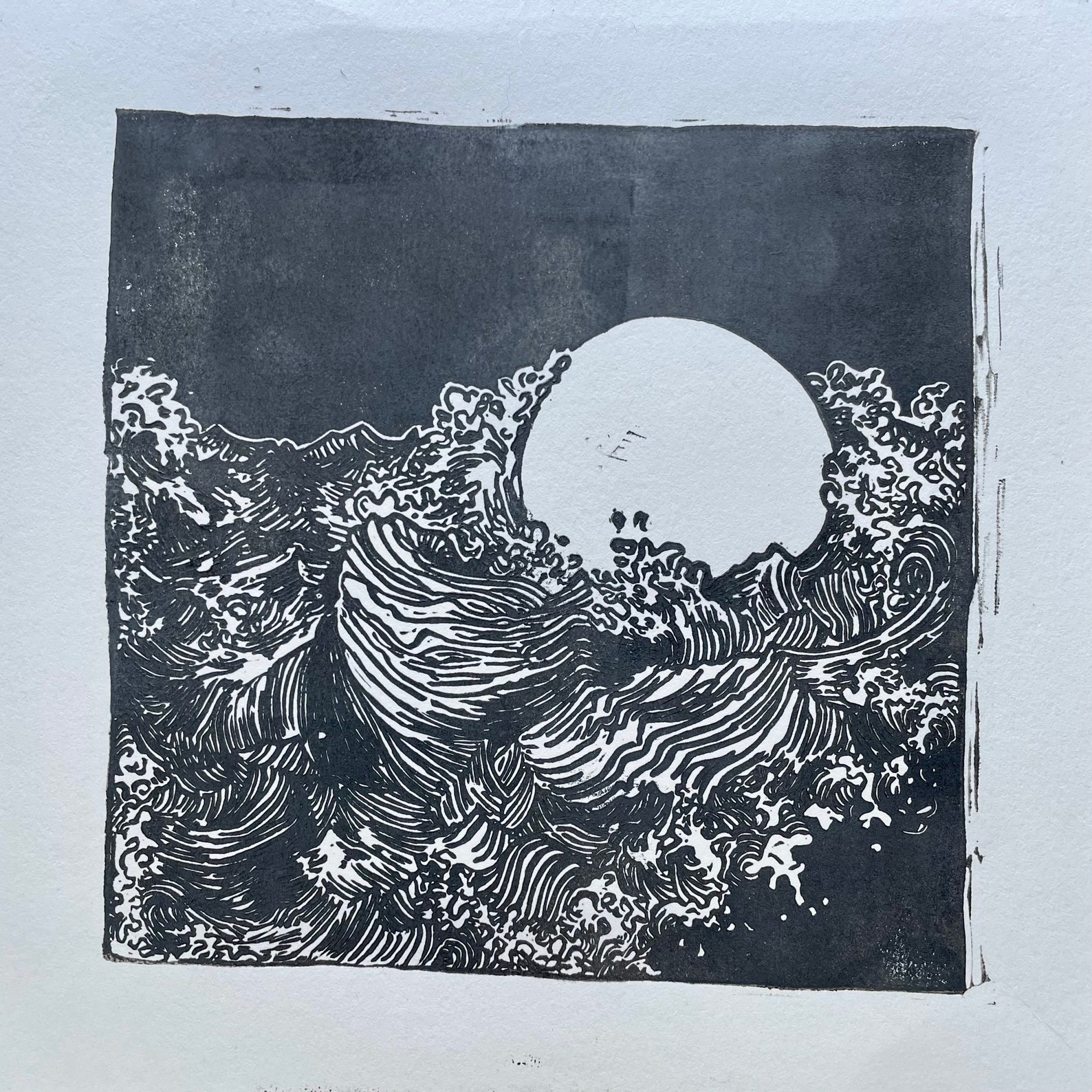 Crashing Waves a linocut/woodblock print a handmade art Etsy