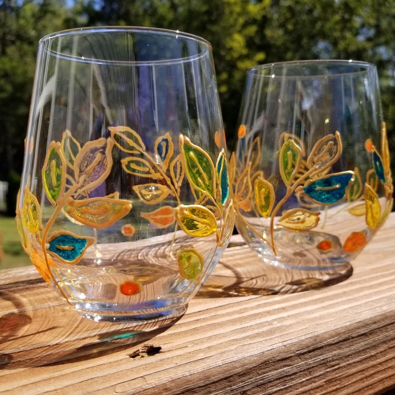 Set of leaves theme glasses Mom gift hand painted wine glasses set with stained glass effect and gold outlines
