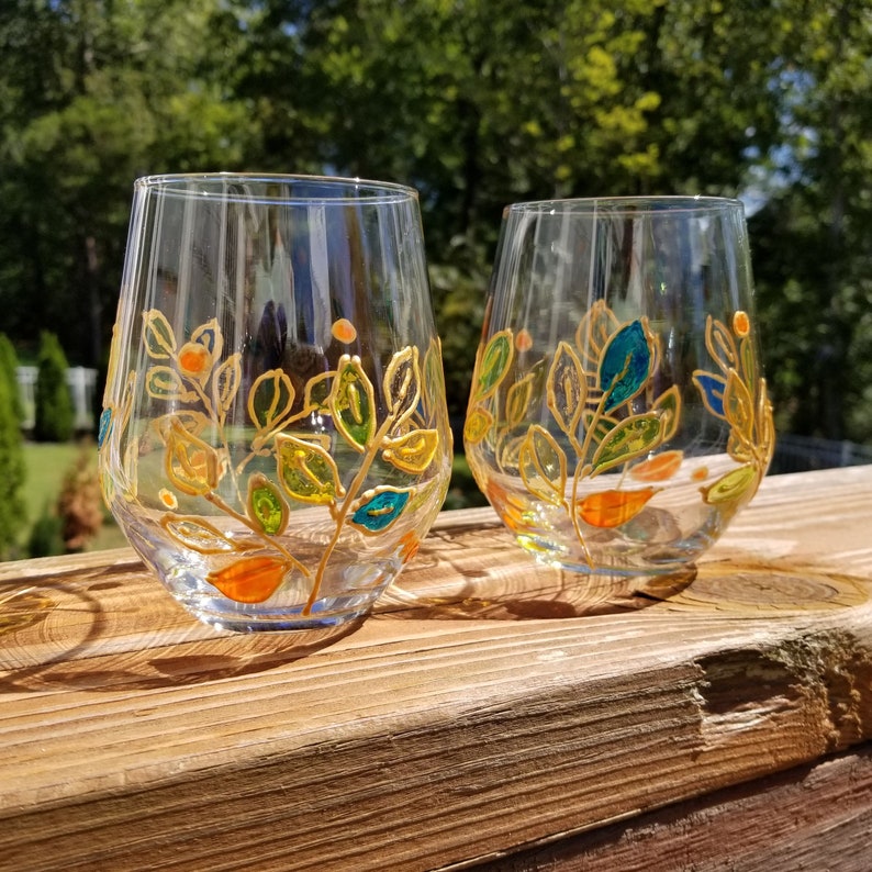 Set of leaves theme glasses Mom gift hand painted wine glasses set with stained glass effect and gold outlines