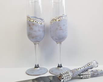 Personalized Hand painted Wedding Champagne Toasting Flutes and Cake server set, Pastel Floral glass, Valentines Day, Birthday gift