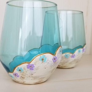 Painted set of 2 scalloped blue wine glasses, Ivory Blue Floral distressed look tumbler Vintage style flower Anniversary Gift Birthday Gift