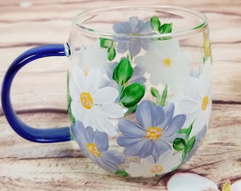 Hand Painted Daisies Glass Coffee Mug - April Birth Flower
