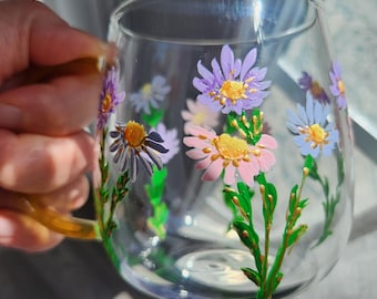 Hand-Painted Aster Glass Coffee Cup: September Birth Flower Mug