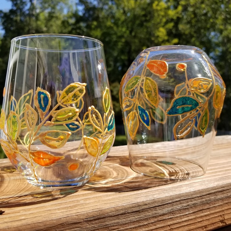 Set of leaves theme glasses Mom gift hand painted wine glasses set with stained glass effect and gold outlines