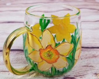 Hand-Painted Daffodil Glass Coffee Mug: March Birth Flower Gift