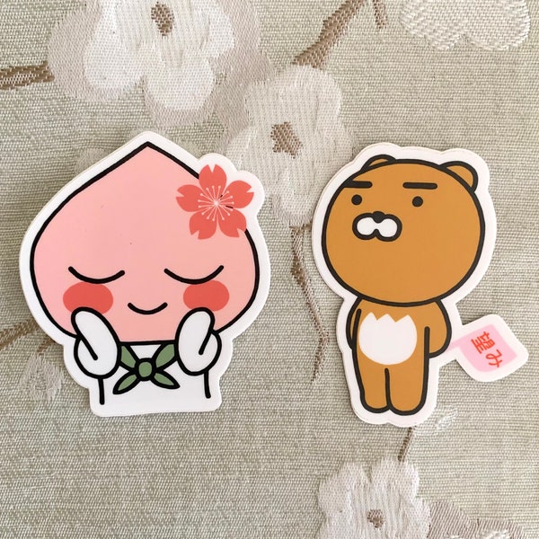 Apeach & Ryan Stickers - Kakao Friends, Kakao Talk Korean Stickers - Sakura Apeach and "Hope" Ryan